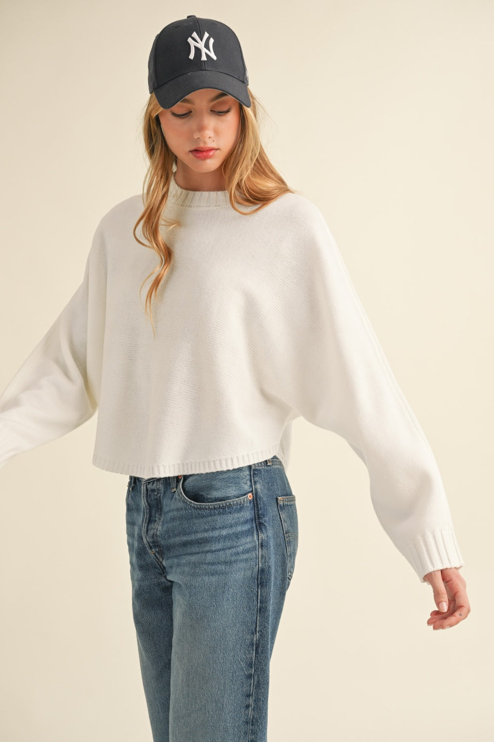 Mable Round Neck Dolman Sleeve Cropped Sweater-Angel Casuals