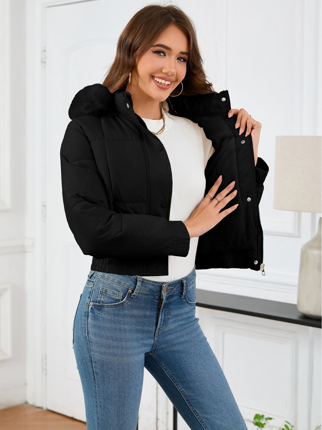 Pocketed Long Sleeve Cropped Hooded Winter Coat-Angel Casuals