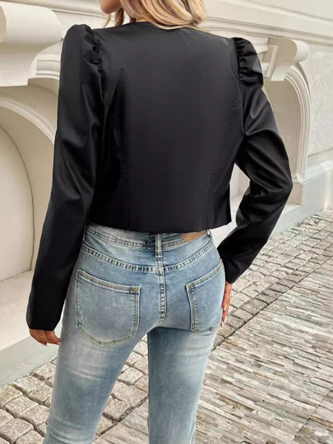 PU Leather Open Front Puff Sleeve Jacket-Angel Casuals