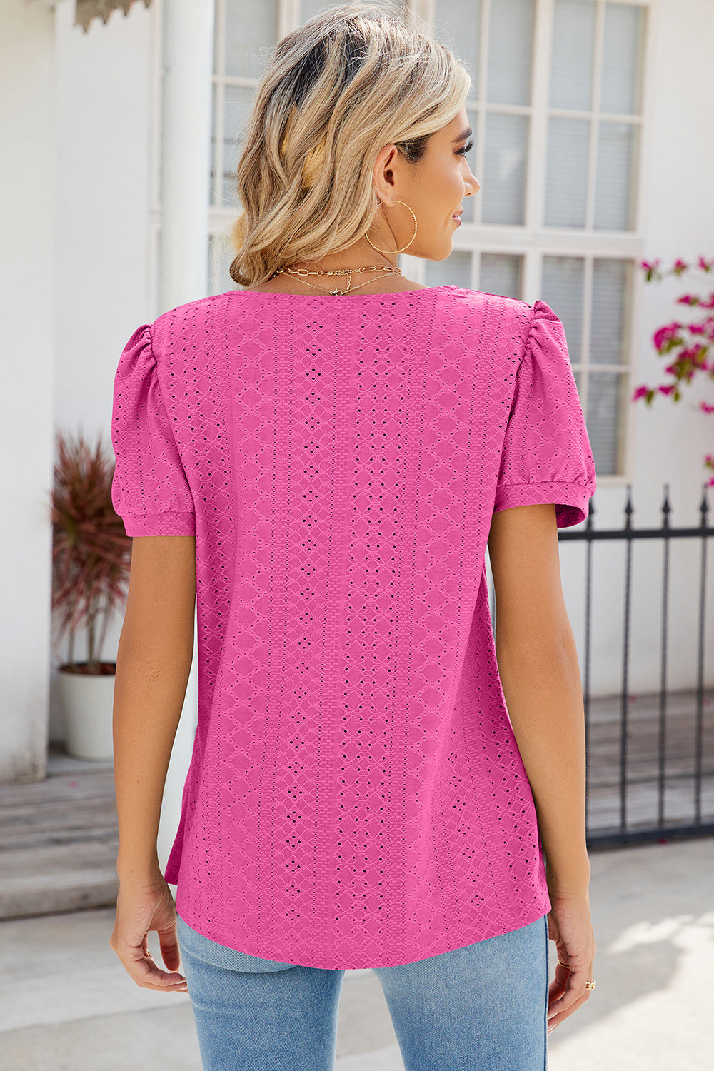 Eyelet Puff Sleeve T-Shirt-Angel Casuals