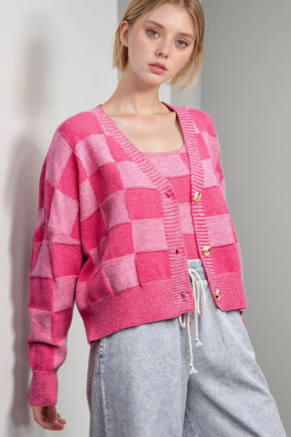 Checkered V-Neck Long Sleeve Cardigan-Angel Casuals