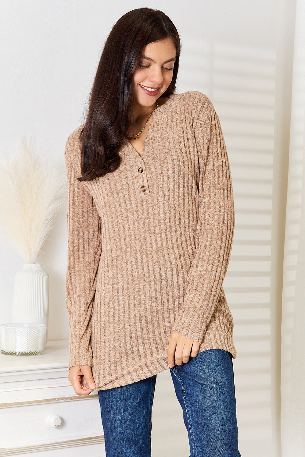 Double Take Notched Neck Ribbed Long Sleeve T-Shirt-Angel Casuals