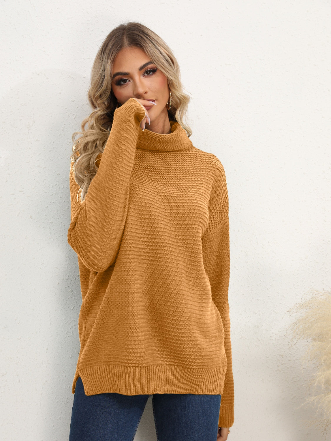 Slit Turtleneck Dropped Shoulder Sweater-Angel Casuals