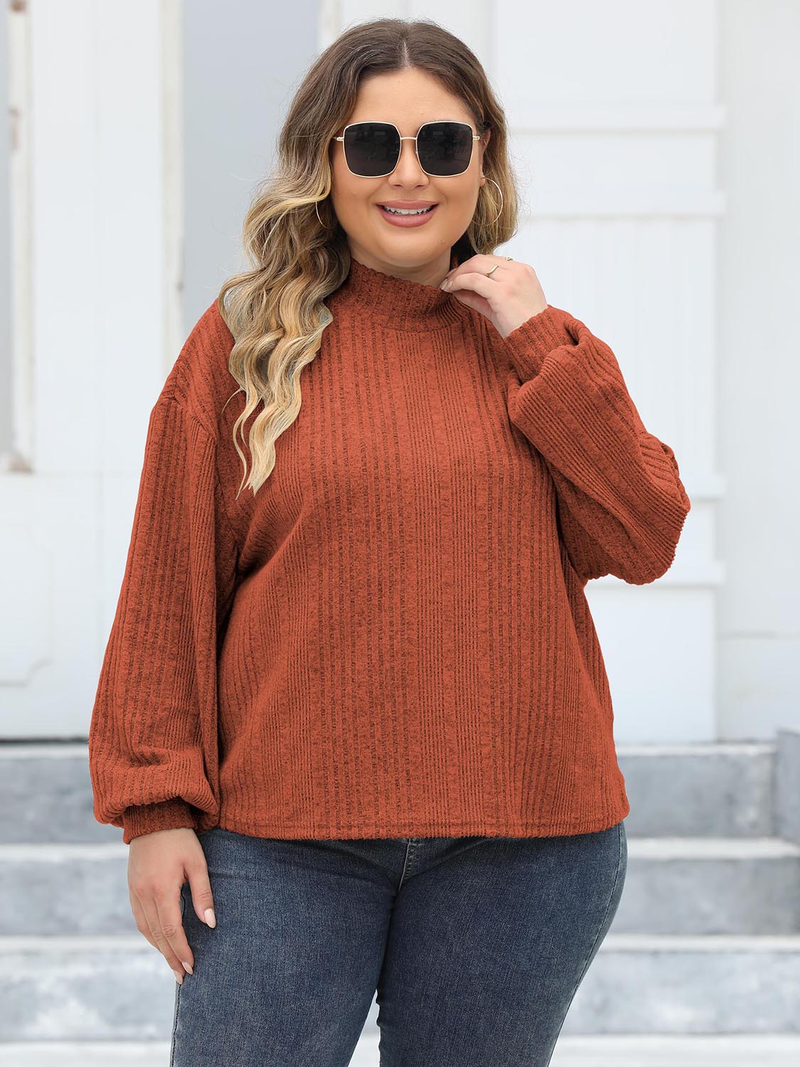 Plus Size Mock Neck Long Sleeve Knit Top-Angel Casuals