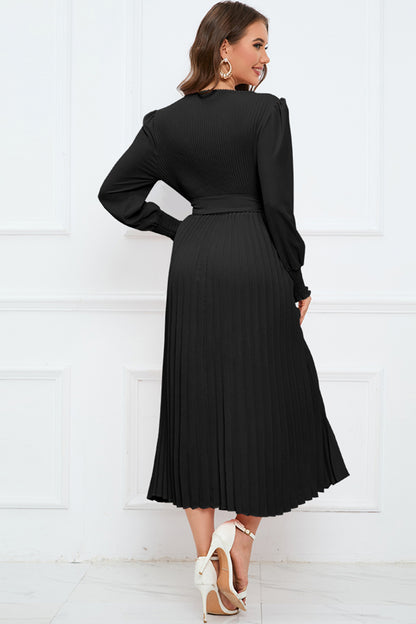 Round Neck Flounce Sleeve Pleated Dress-Angel Casuals