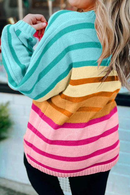 Contrast Striped Round Neck Long Sleeve Knit Top-Angel Casuals