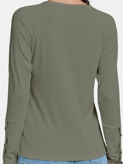 Decorative Button V-Neck Long Sleeve T-Shirt-Angel Casuals