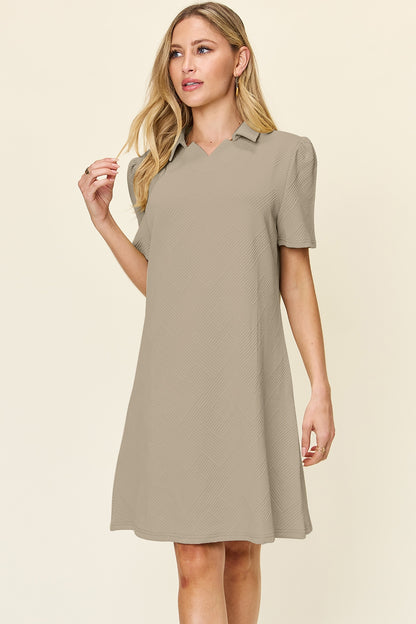 Double Take Full Size Texture Collared Neck Short Sleeve Dress-Angel Casuals