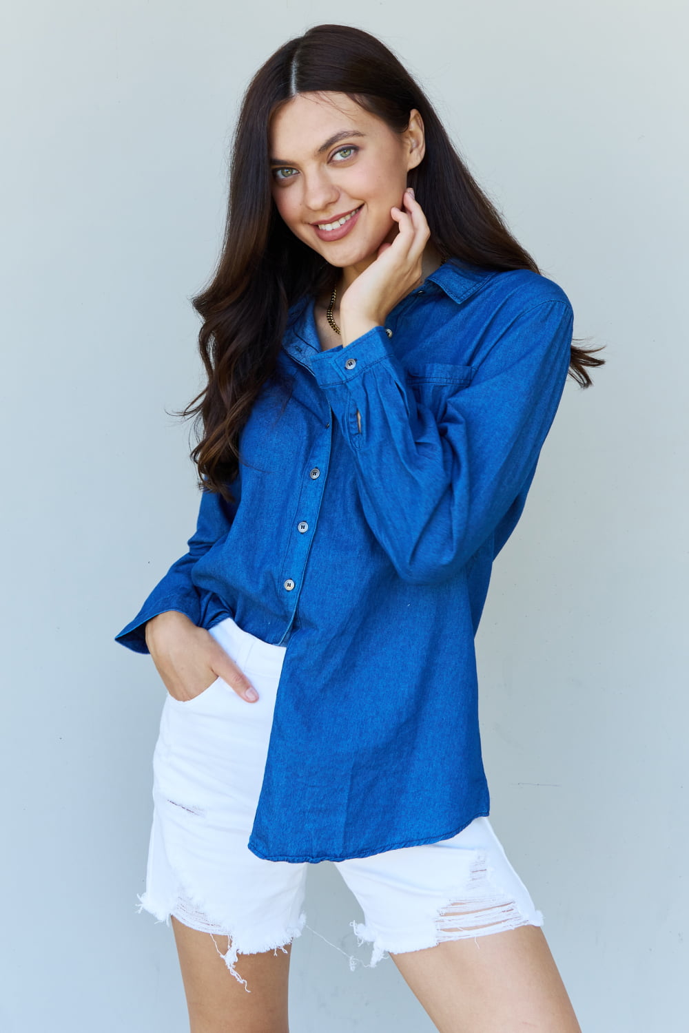 Doublju Blue Jean Baby Denim Button Down Shirt Top in Dark Blue-Angel Casuals