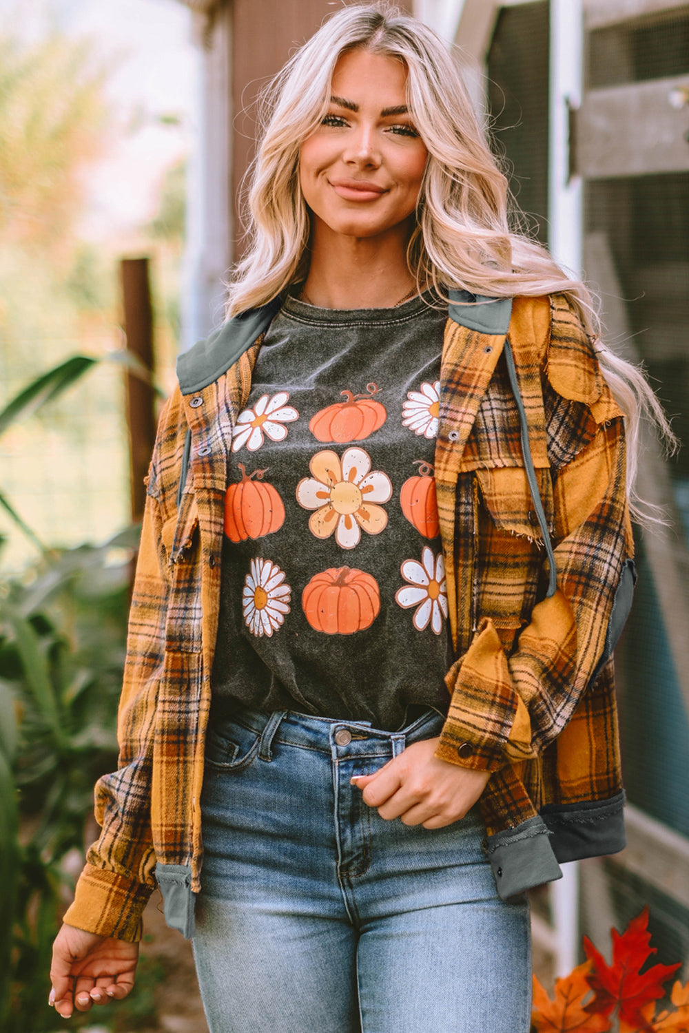 Plaid Hooded Button Front Jacket-Angel Casuals