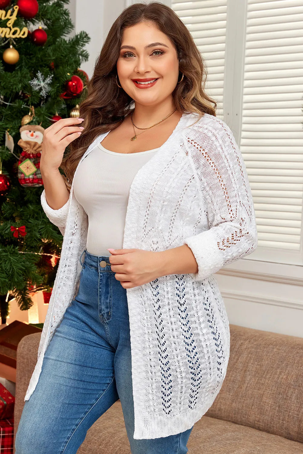 Plus Size Openwork Open Front Long Sleeve Cardigan-Angel Casuals