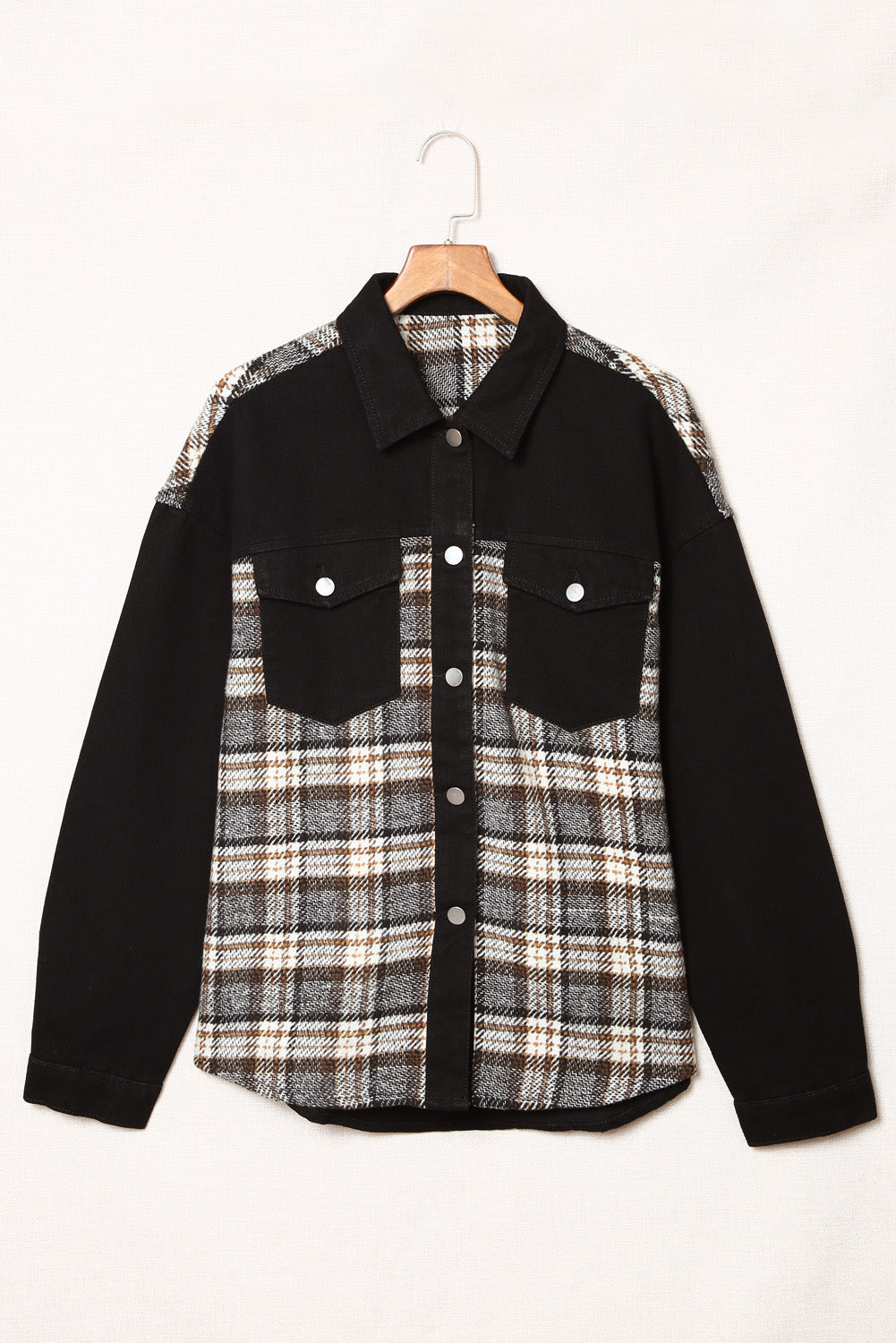 Plaid Pocketed Button Up Denim Jacket-Angel Casuals