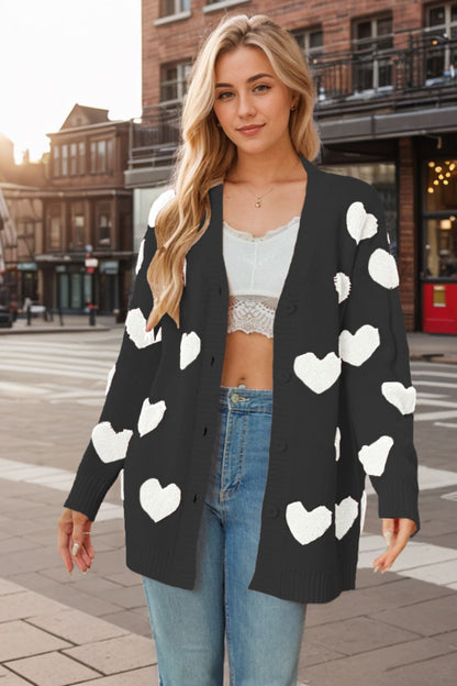 Heart Button Down Long Sleeve Cardigan-Angel Casuals