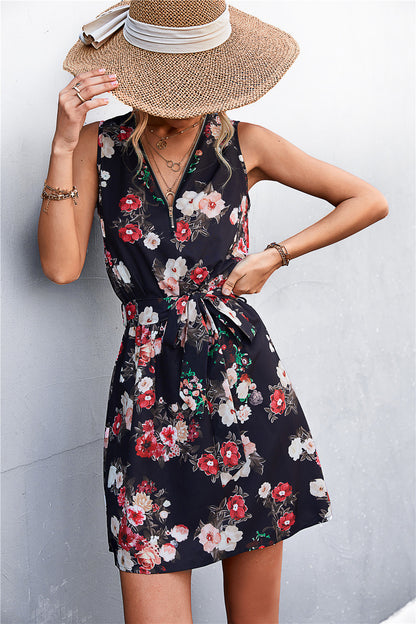 Printed Zip Detail Belted Sleeveless Dress-Angel Casuals