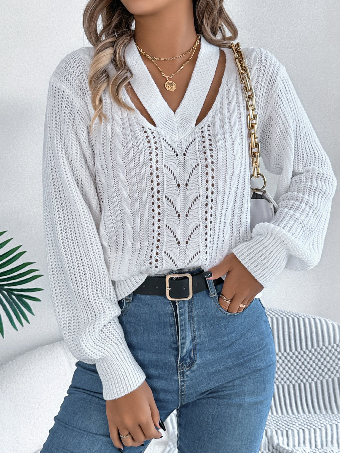 Cutout V-Neck Long Sleeve Sweater-Angel Casuals