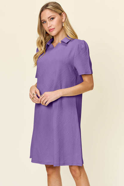 Double Take Full Size Texture Collared Neck Short Sleeve Dress-Angel Casuals