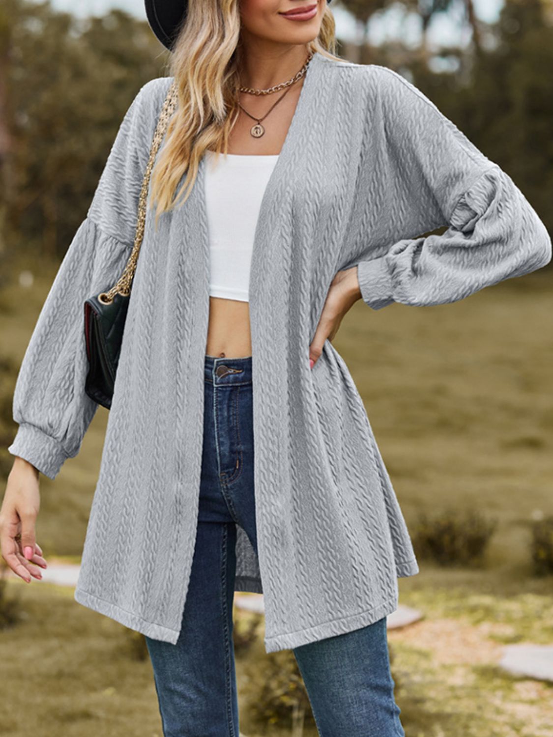 Textured Open Front Dropped Shoulder Cardigan-Angel Casuals