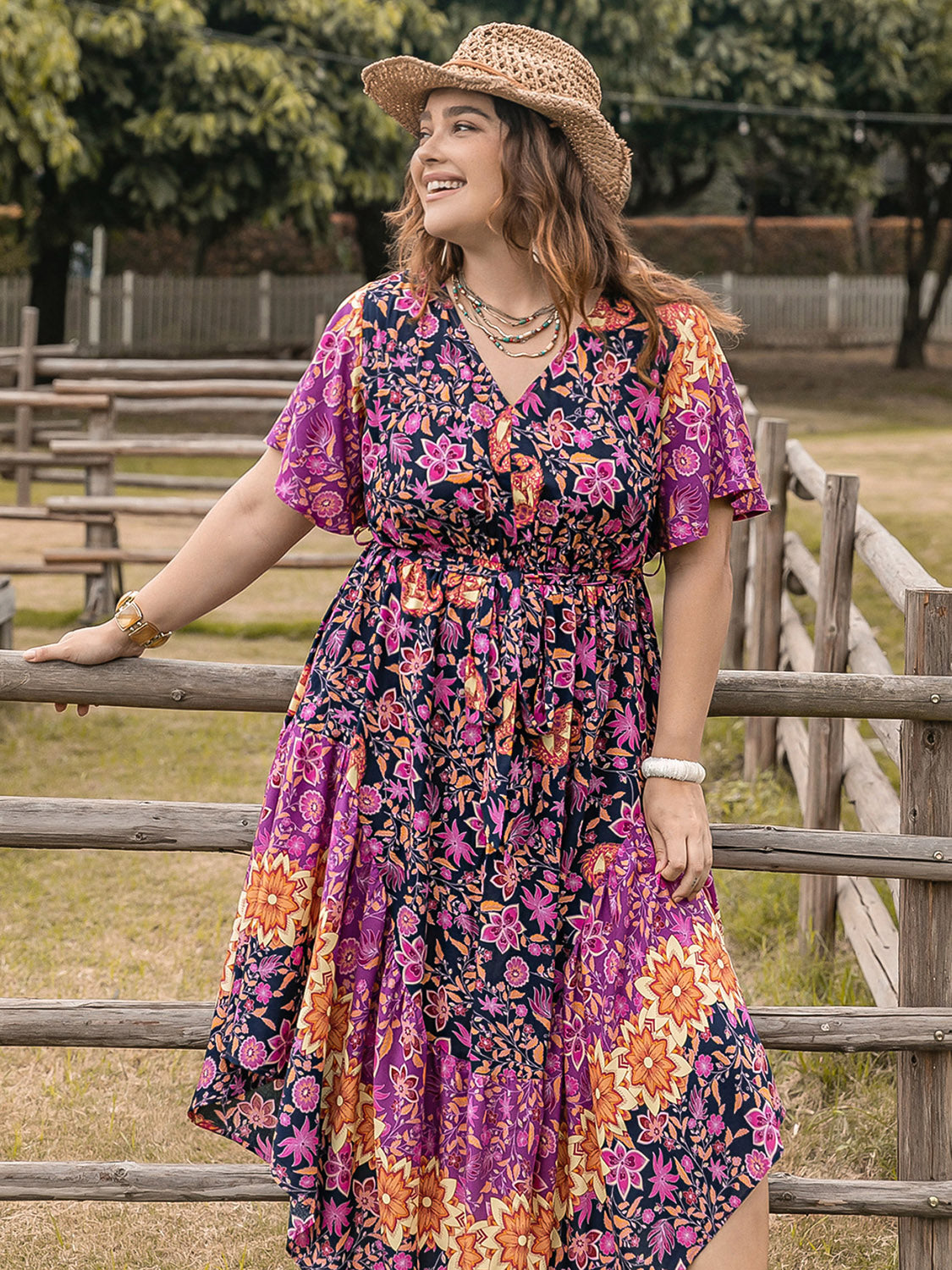 Plus Size Printed V-Neck Flutter Sleeve Midi Dress-Angel Casuals