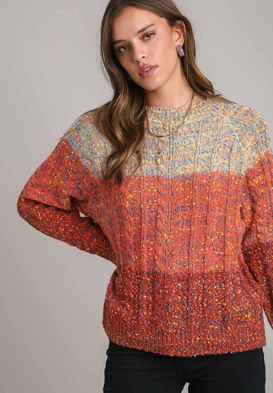 Cable-Knit Color Block Round Neck Long Sleeve Sweater-Angel Casuals