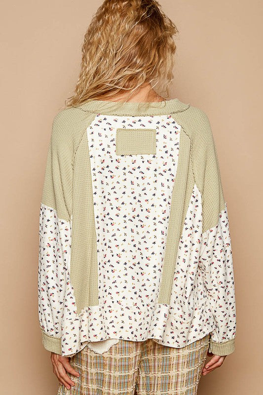 POL Waffle Knit Floral Notched Long Sleeve Top-Angel Casuals