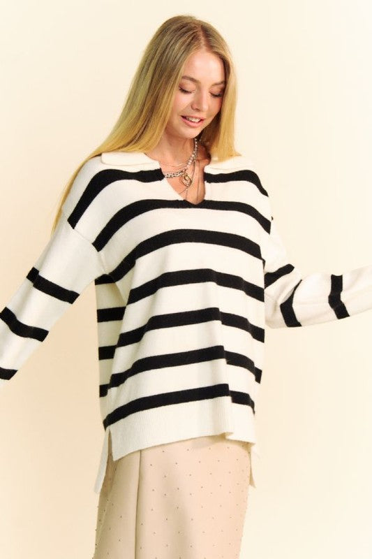 Davi & Dani High-Low Side Slit Striped Johnny Collar Sweater-Angel Casuals