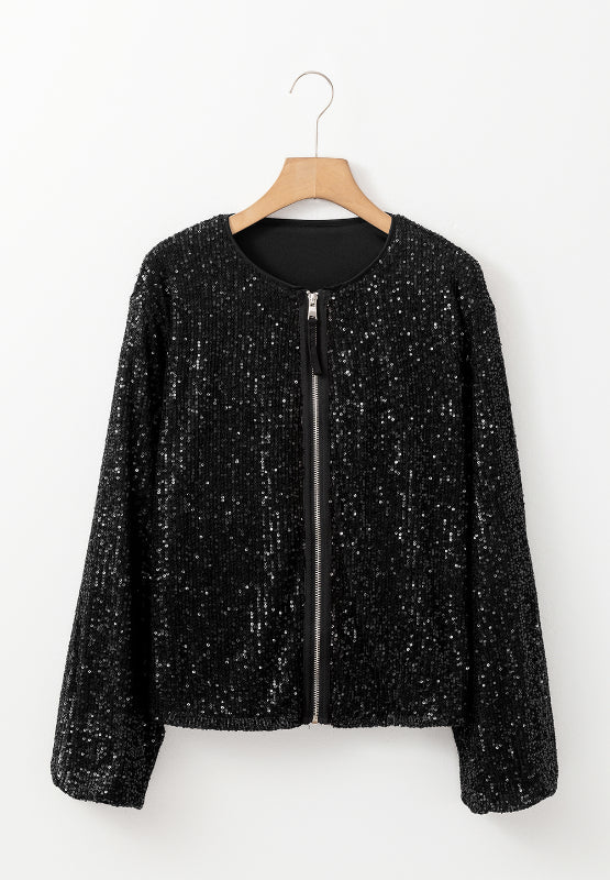 Sequin Zip Up Long Sleeve Jacket-Angel Casuals