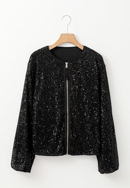 Sequin Zip Up Long Sleeve Jacket-Angel Casuals