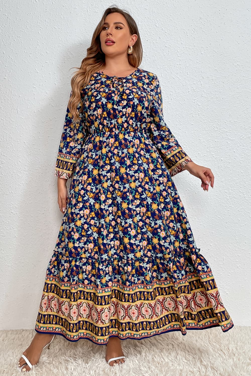 Melo Apparel Plus Size Bohemian Round Neck Maxi Dress-Angel Casuals