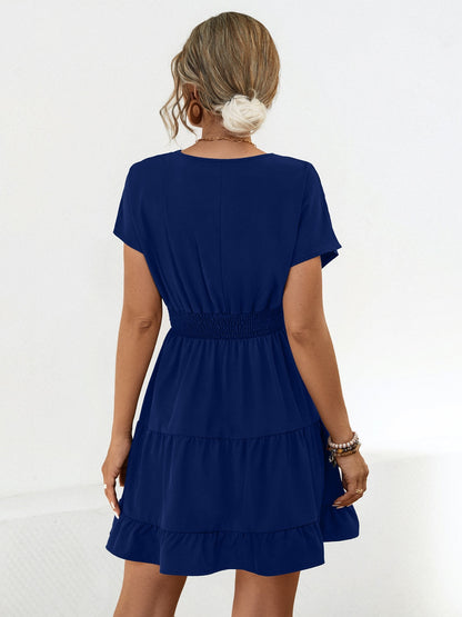 Ruffled Smocked V-Neck Tiered Dress-Angel Casuals