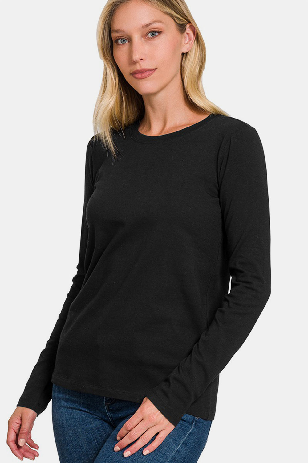 Zenana Full Size Solid Color Round Neck Long Sleeve T-Shirt-Angel Casuals