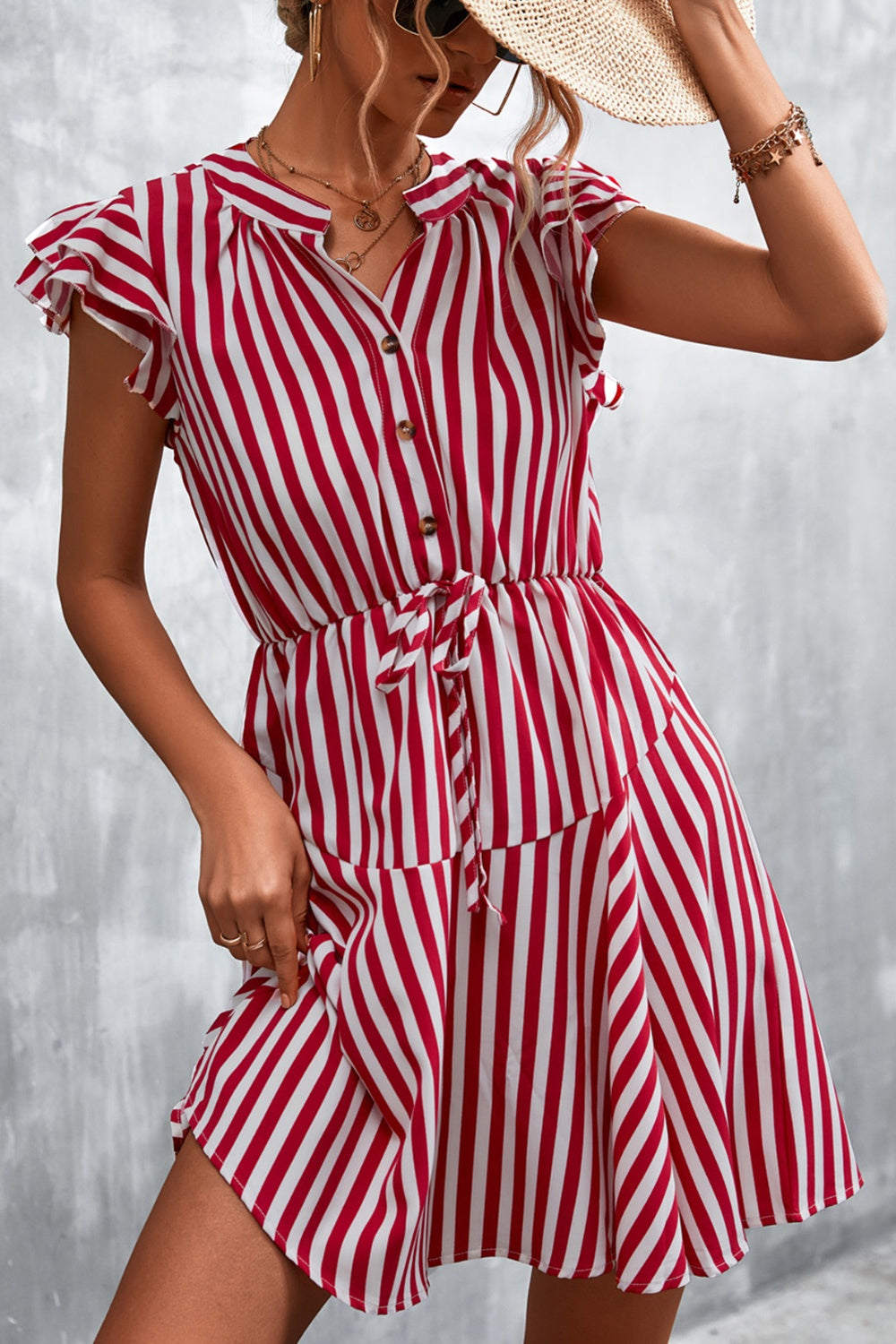 Ruffled Striped Cap Sleeve Mini Dress-Angel Casuals