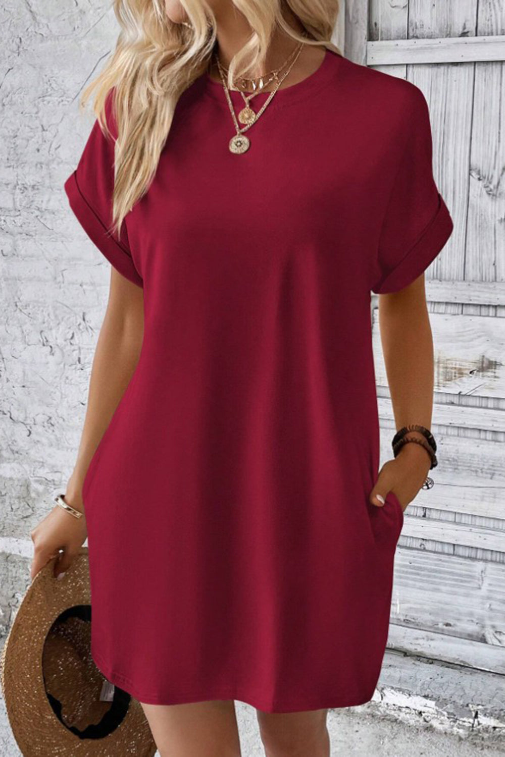 Pocketed Round Neck Short Sleeve Dress-Angel Casuals