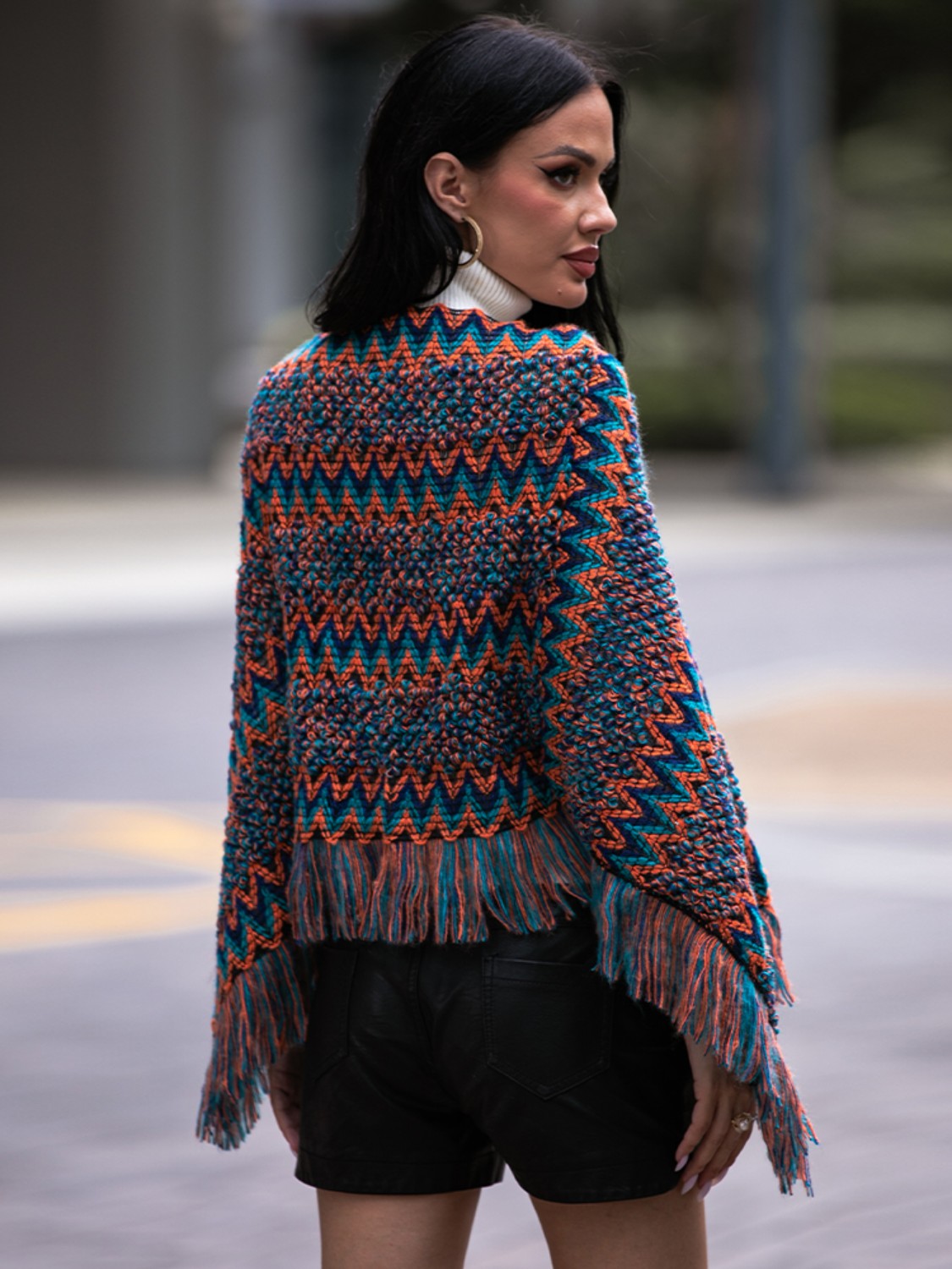 Shiny Fringe Hem Boat Neck Poncho-Angel Casuals