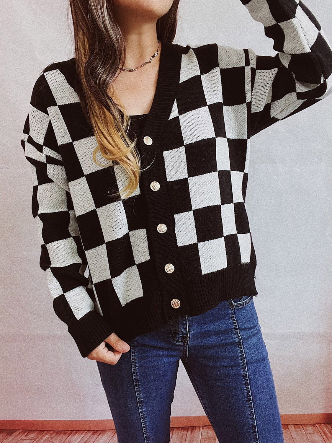 Checkered Open Front Button Up Cardigan-Angel Casuals