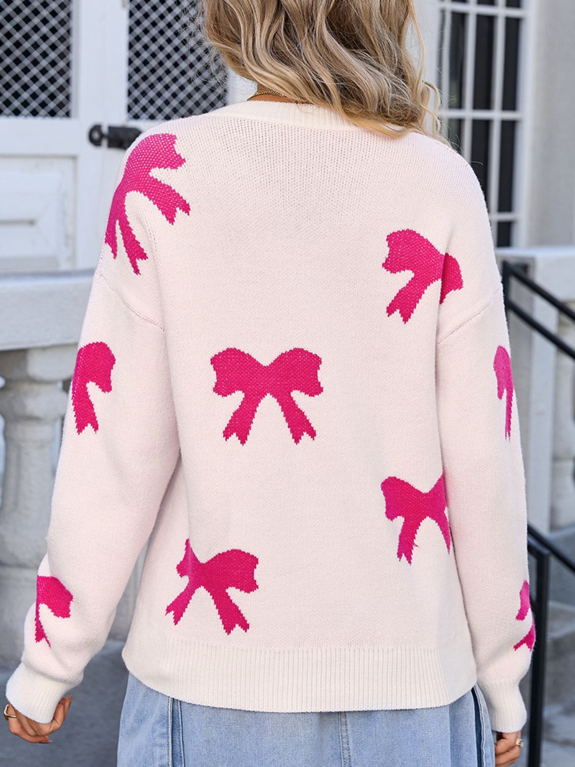 Angel Wings Bow Round Neck Dropped Shoulder Sweater-Angel Casuals