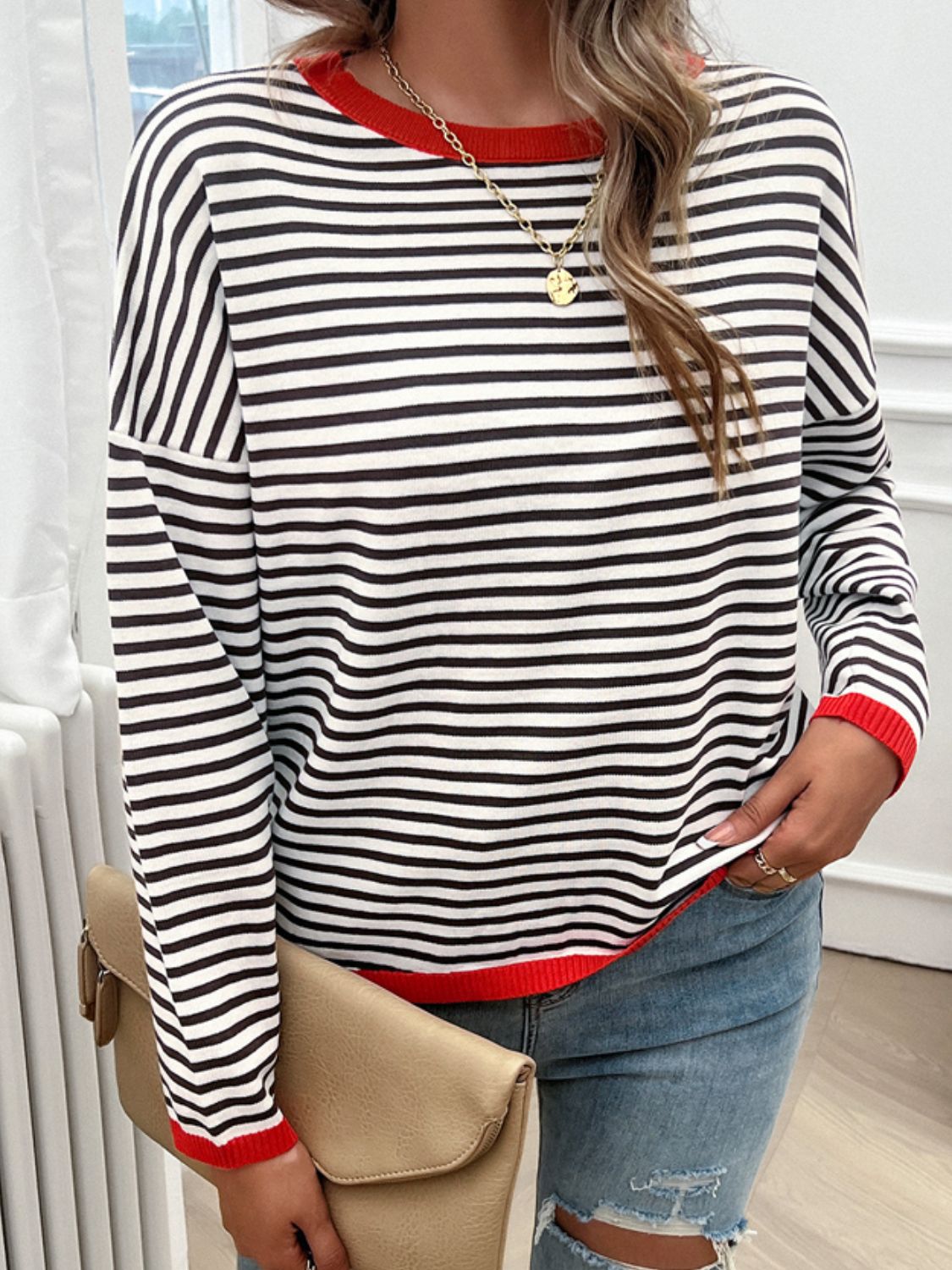 Devine Striped Round Neck Dropped Shoulder Sweater-Angel Casuals