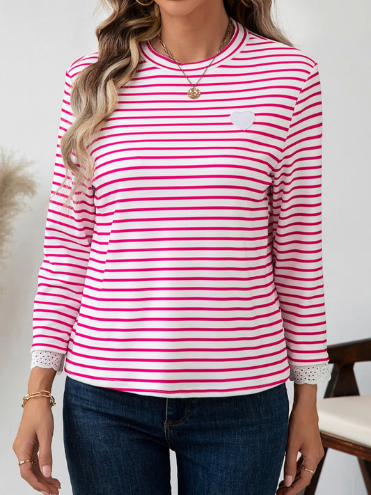 Heart Striped Round Neck Long Sleeve T-Shirt-Angel Casuals