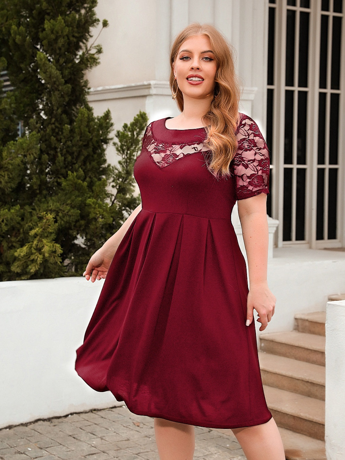 Plus Size Ruched Round Neck Short Sleeve Dress-Angel Casuals