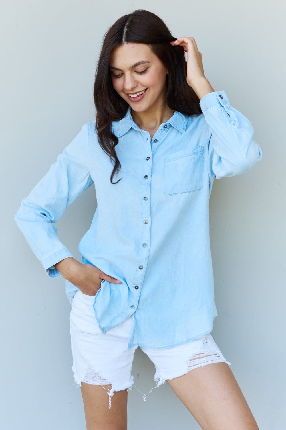 Doublju Blue Jean Baby Denim Button Down Shirt Top in Light Blue-Angel Casuals