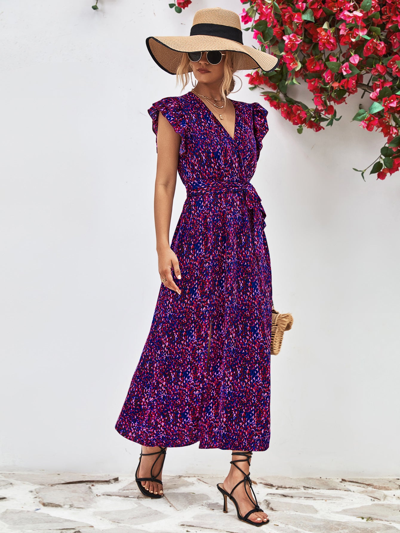 Printed Surplice Neck Flutter Sleeve Slit Dress-Angel Casuals