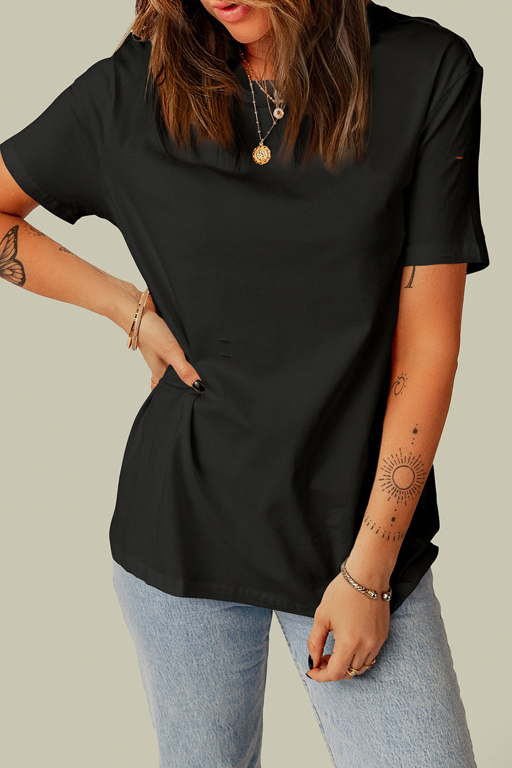 Distressed Round Neck Tee-Angel Casuals