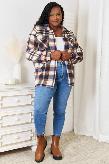 Double Take Plaid Button Front Shirt Jacket with Breast Pockets-Angel Casuals