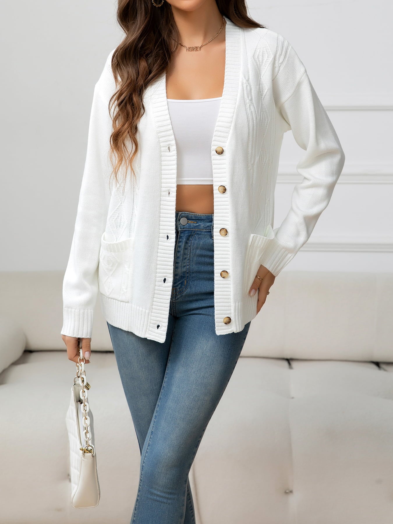 V-Neck Long Sleeve Buttoned Knit Top with Pocket-Angel Casuals