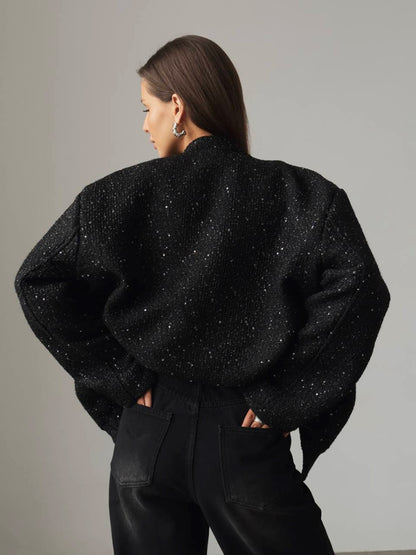 Sequin Detail Pocketed Long Sleeve Jacket-Angel Casuals