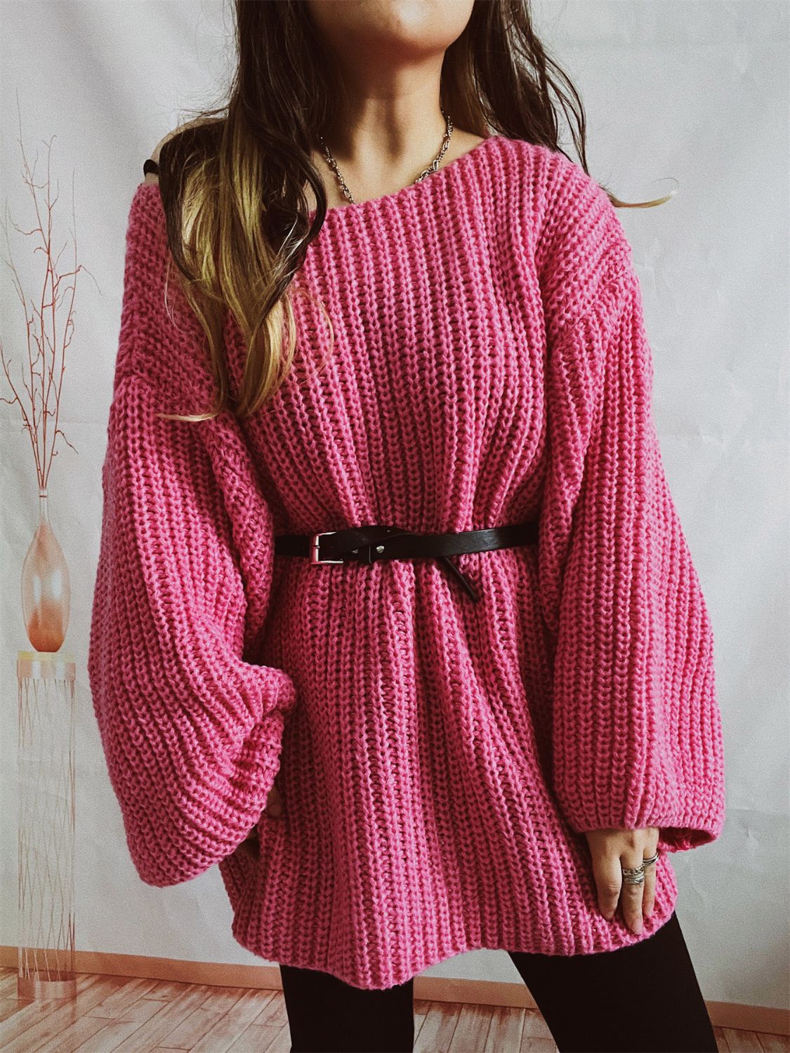 Boat Neck Long Sleeve Sweater with Belt-Angel Casuals