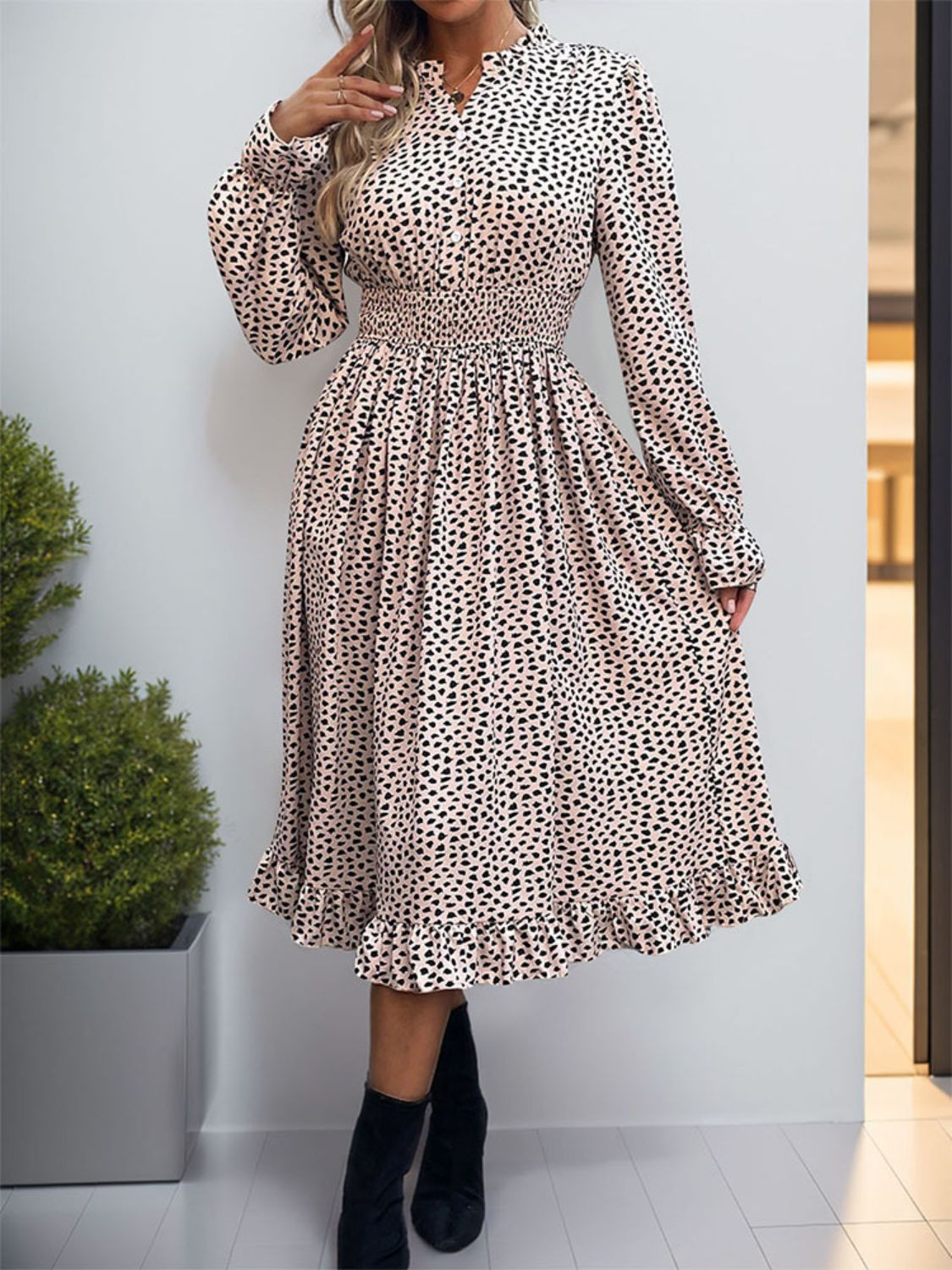 Ruched Ruffled Leopard Long Sleeve Dress-Angel Casuals