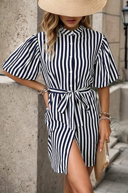 Striped Button Up Tie Waist Mini Dress-Angel Casuals