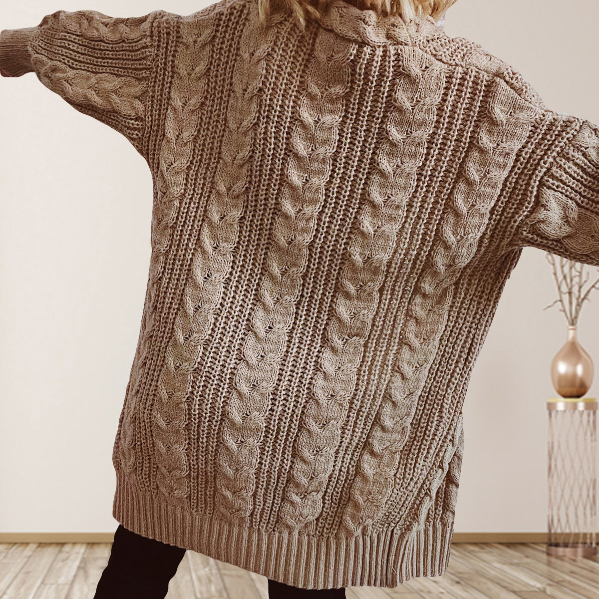 Cable-Knit Open Front Dropped Shoulder Cardigan-Angel Casuals