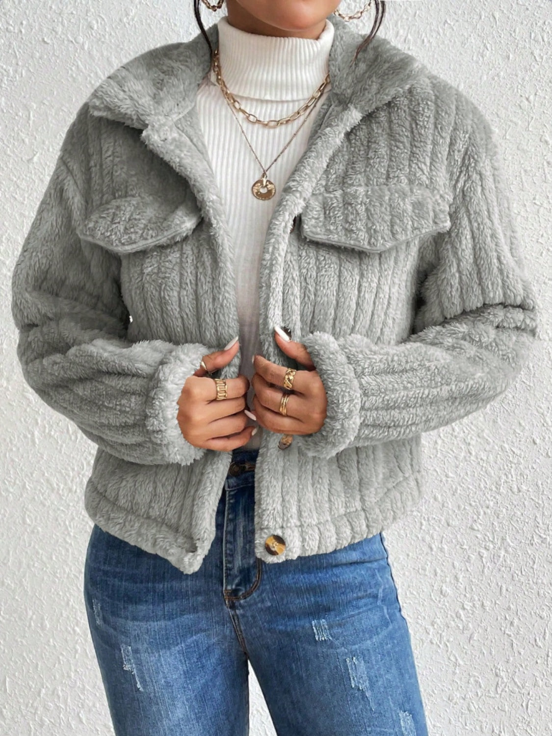Fuzzy Button Up Collared Neck Jacket-Angel Casuals