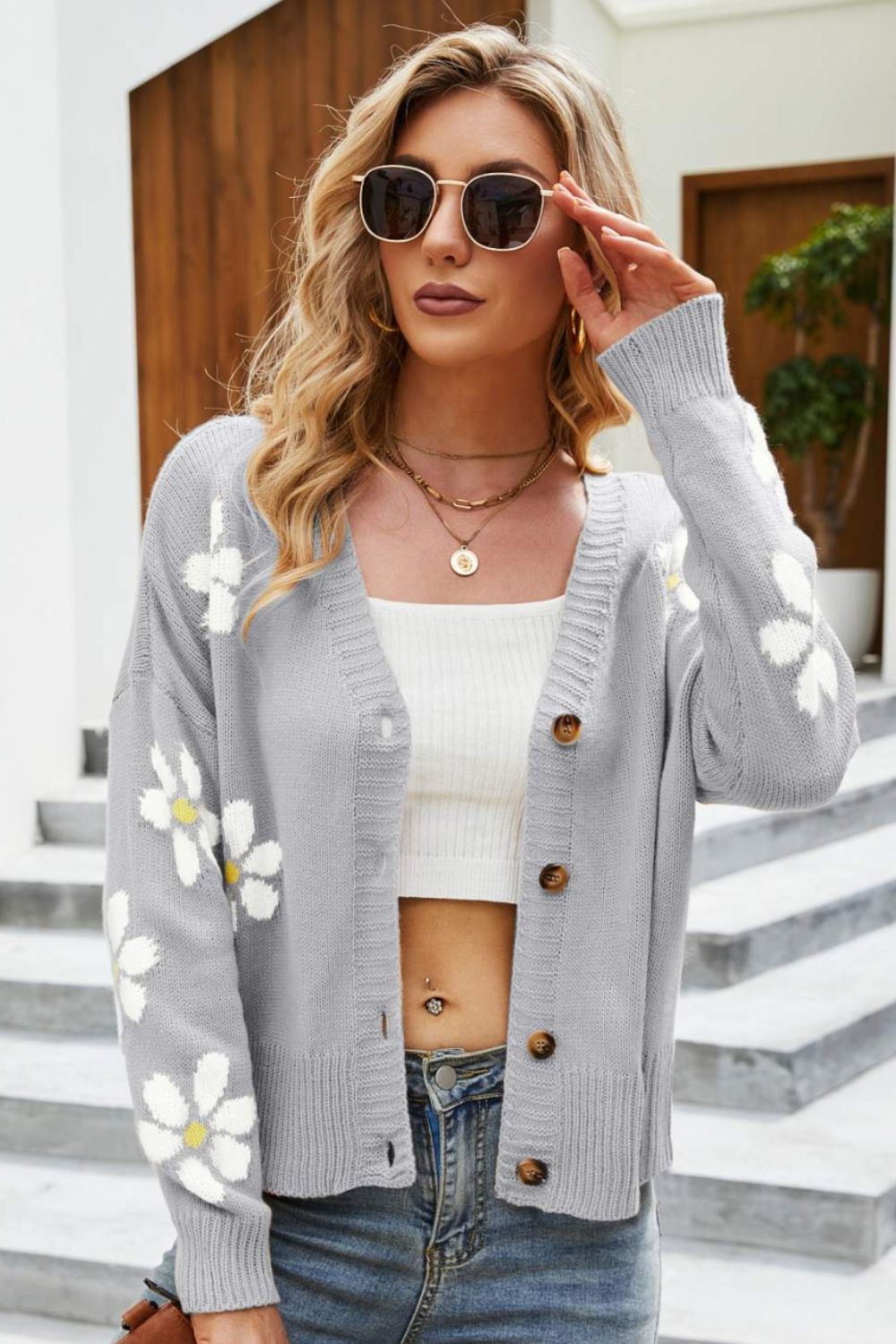 Floral Ribbed Trim Drop Shoulder Cardigan-Angel Casuals